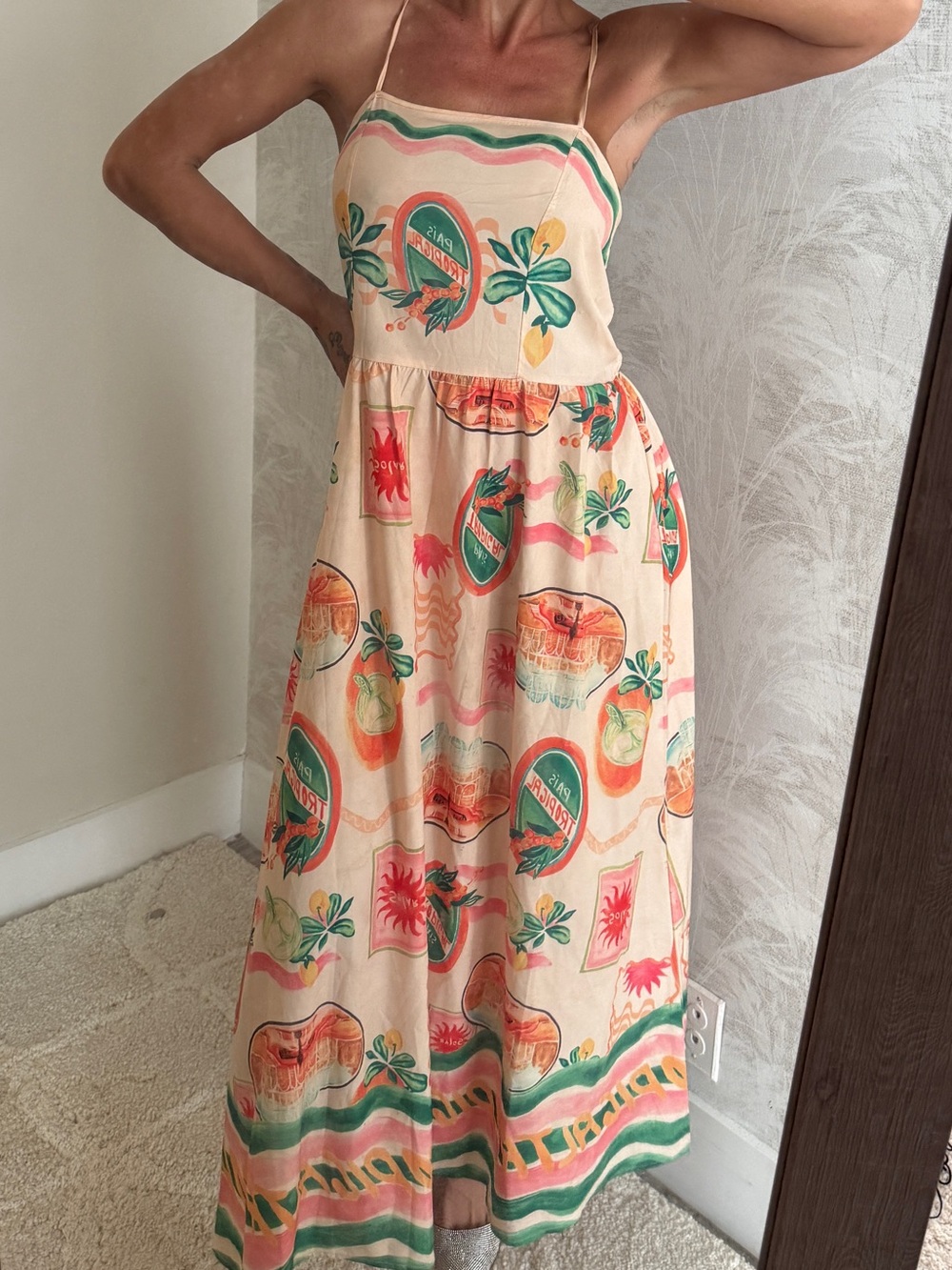 Peach Printed Maxi Dress with Green Accents